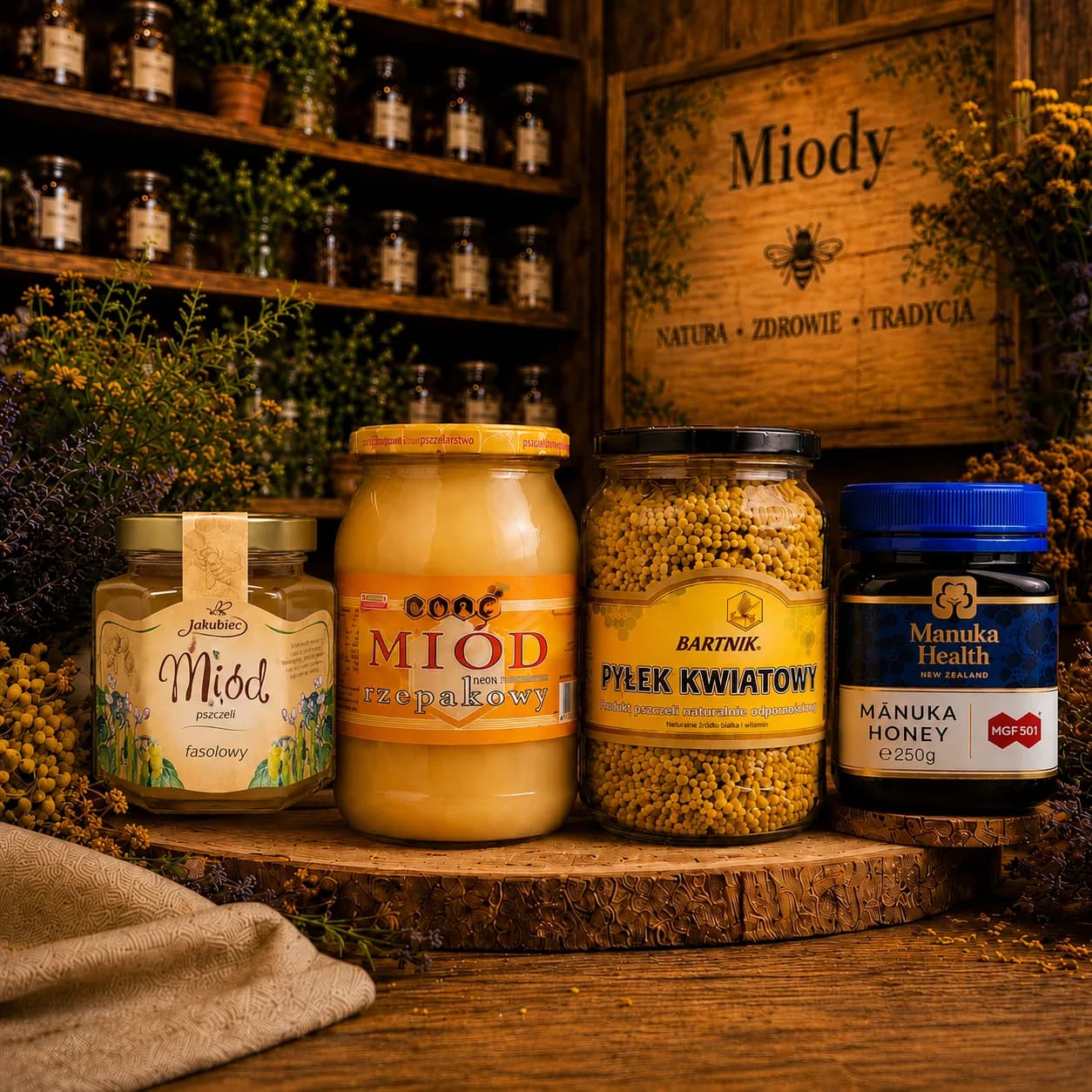 Miody i produkty pszczele w sklepie zielarskim Arnika, Warszawa Gocław