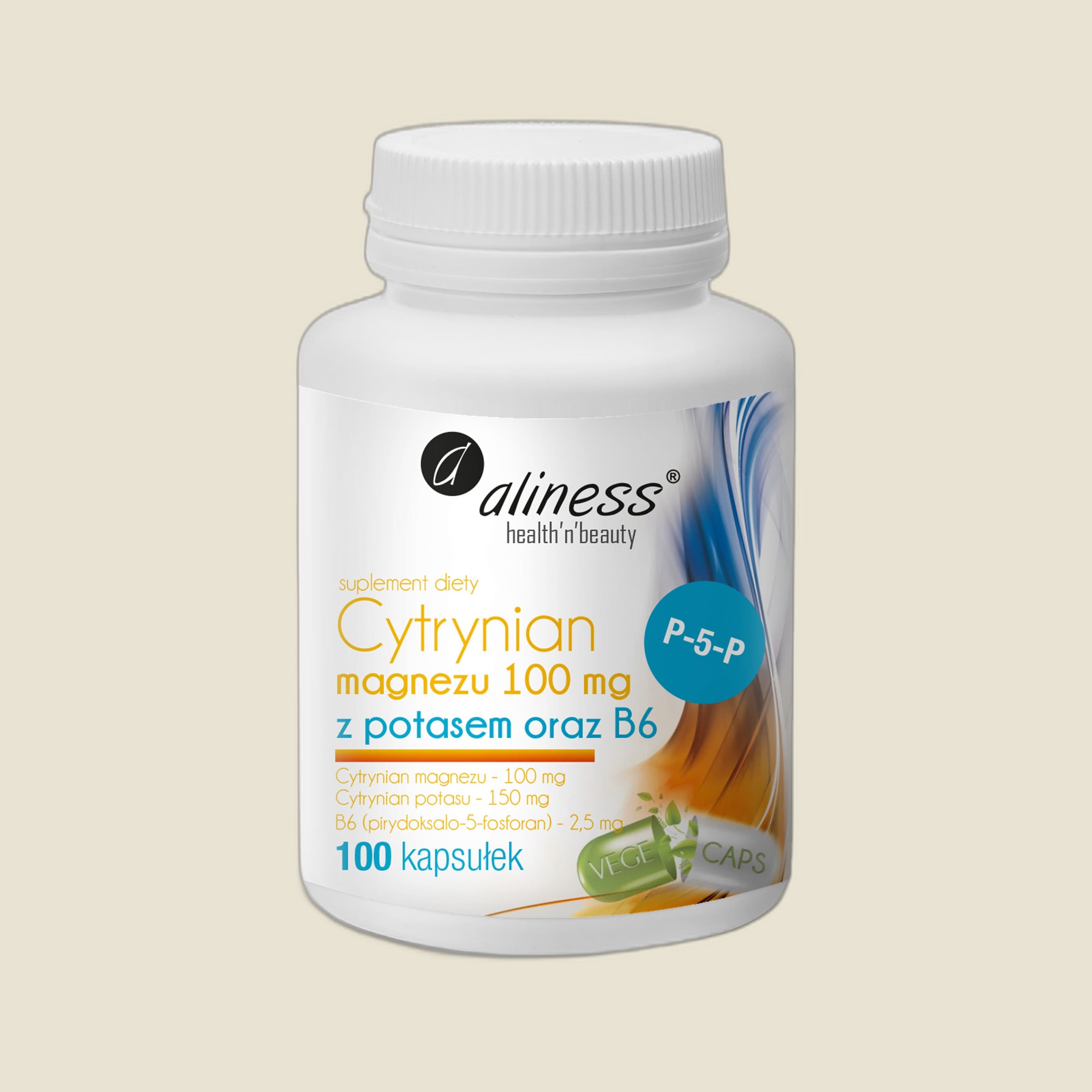 Cytrynian Magnezu 100 mg z potasem 150 mg oraz B6 (P-5-P) x 100 VEGE kaps.