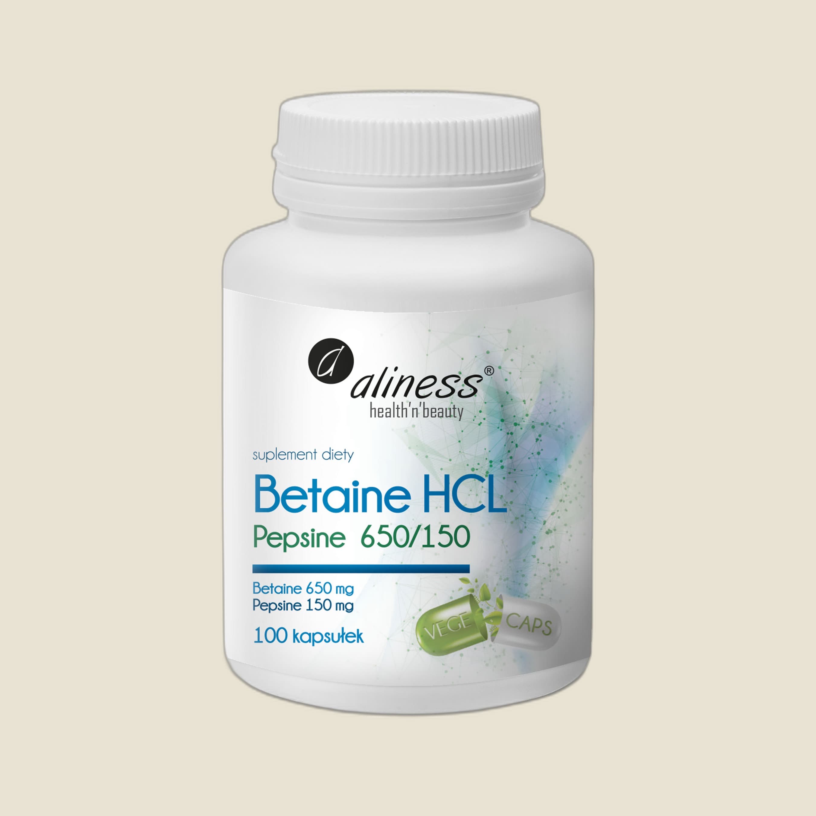 Betaina HCL z Pepsyną 650/150 x 100 VEGE kaps.